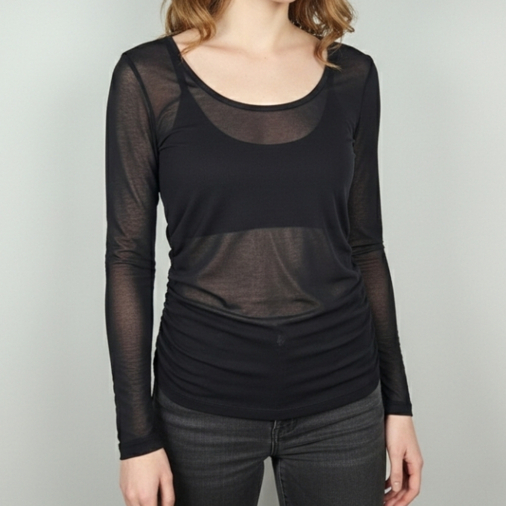 Y2K VTG Mesh Lace Long Sleeve Top Black Women's Size Medium Stretchy 90s Grunge